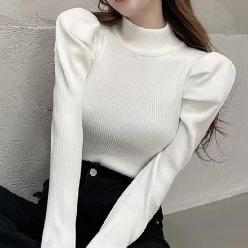 Autumn Winter Bubble Sleeves Solid Color Women\'s Clothing Bottoming Shirt Semi High Neck New Style Stylish Slim Fit Y2K Sweaters