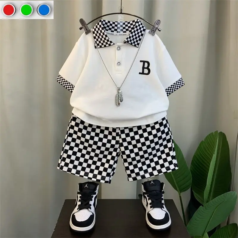 Korean Teenage Boy Summer Plaid Kids Suit Baby Children New Polo Set Thin Short Sleeves Patchwork Shirt +Shorts 2 Pc Casual Suit