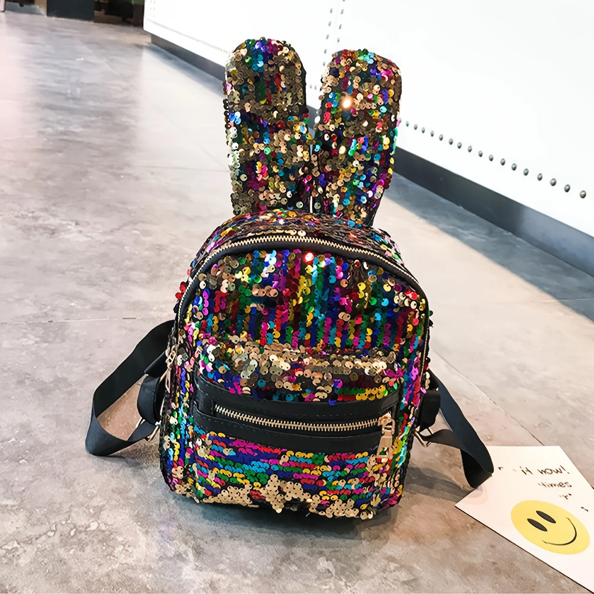 Fashionable rabbit ear backpack, cute girl, colorful sequin backpack, children\'s backpack, girl