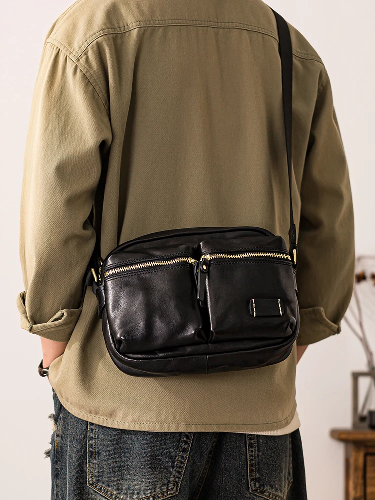 High-quality genuine leather men's black messenger bag casual fashion designer handmade first layer cowhide shoulder bag