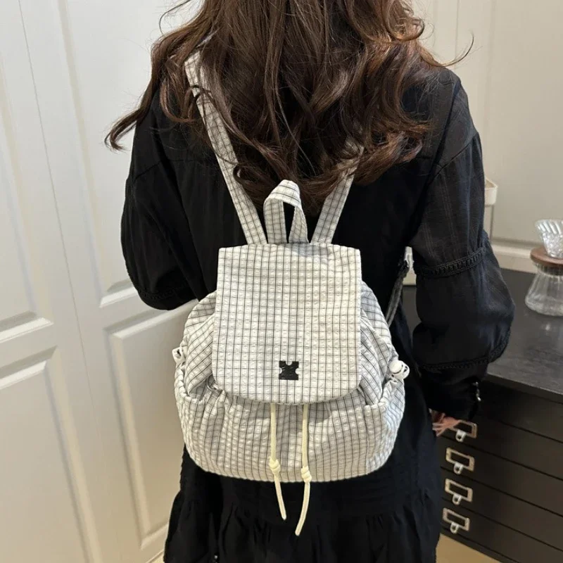Drawstring Fashion Large Capacity Backpack, New Versatile Checkered Casual Bag, Popular Minimalist Mini Commuting Backpack