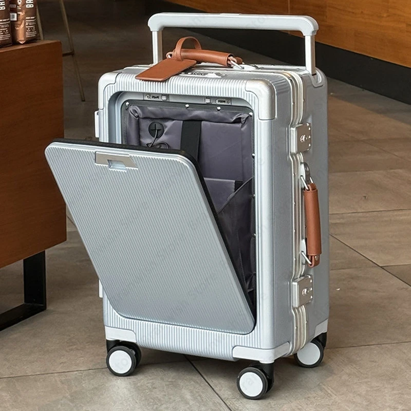 Valigia da viaggio con tasca frontale per tablet con portabicchieri Trolley con ruote girevoli Trolley largo con lucchetto TSA