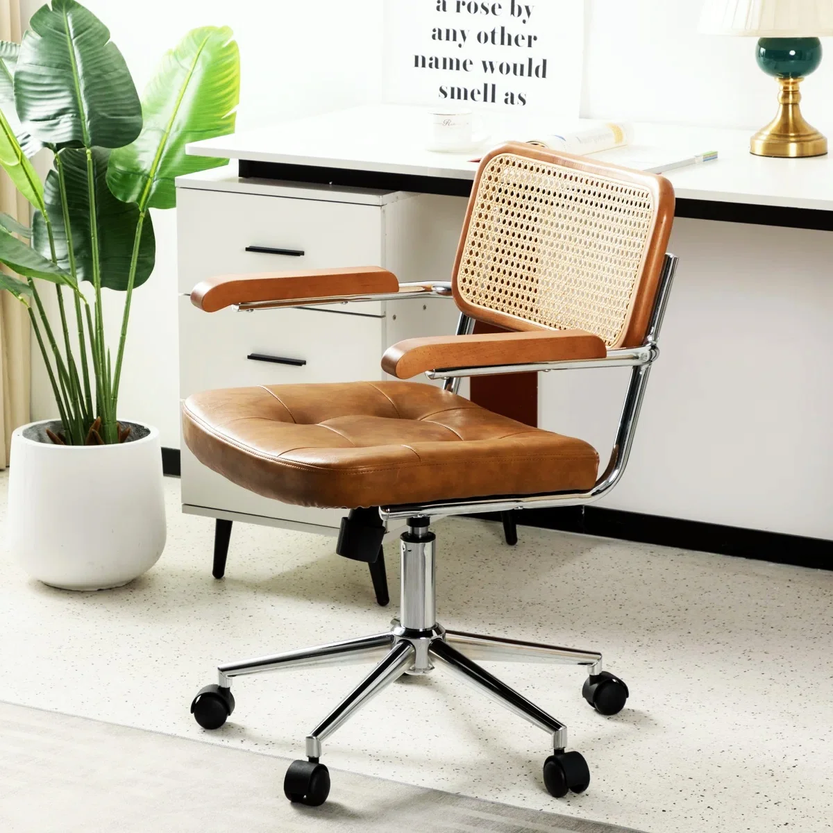 Retro Cane Ergonomic Height Adjustment Wheel Swivel Computer Study Room Home Boss Executive Wood Leather Rattan Office Chair