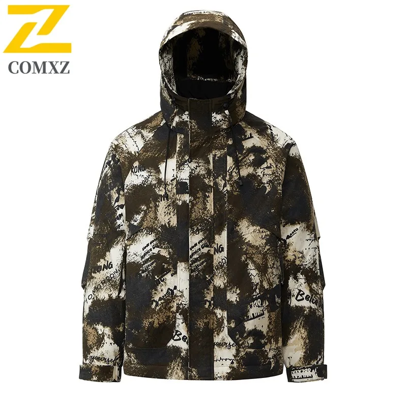 COMXZ Men Camo Puffer Leisure Hooded Jacket Outdoor Camping Thickened Warm Padding Coat Travel Windproof Winter Windbreaker