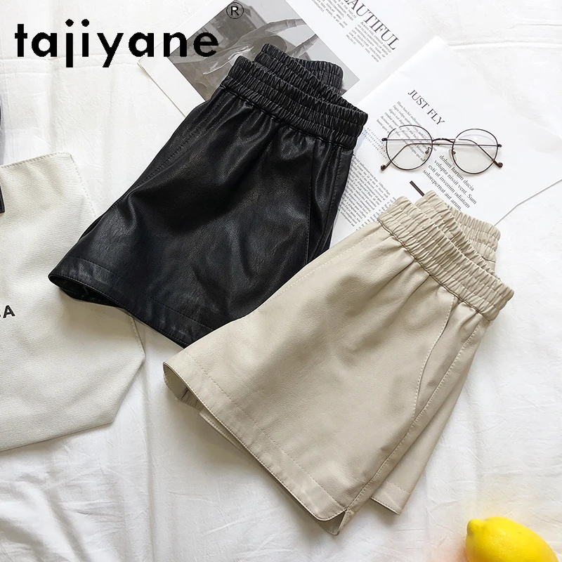 TAJIYANE pantalones cortos de cuero genuino mujer cintura alta piel de oveja auténtica pantalones cortos holgados moda Primavera ropa de mujer 2025 шорти