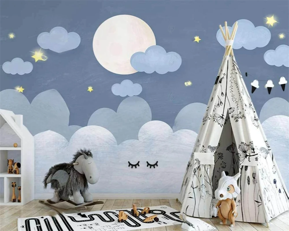 beibehang papier peint Customized modern new Nordic hand-painted blue clouds starry sky children's room background wallpaper