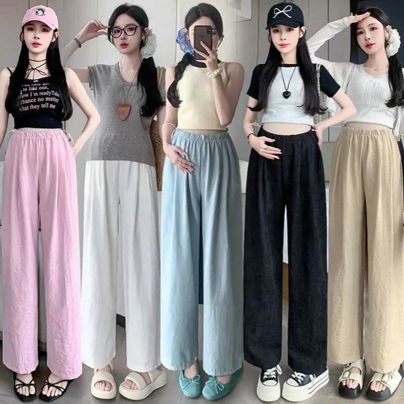 

Summer Breathable Pregnant Women Loose Trousers Adjustable Waist Straight Pants Wide Leg Maternity Pregnancy Clothing
