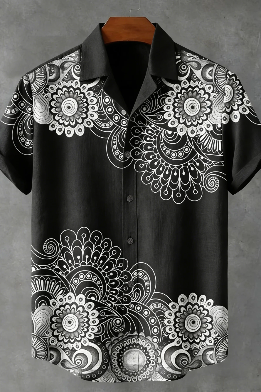 Men's Shirt Gradient Lotus Floral Print Turn‑down Collar Short Sleeve Vacation Party Casual Button Down Tops Summer Men Clothes