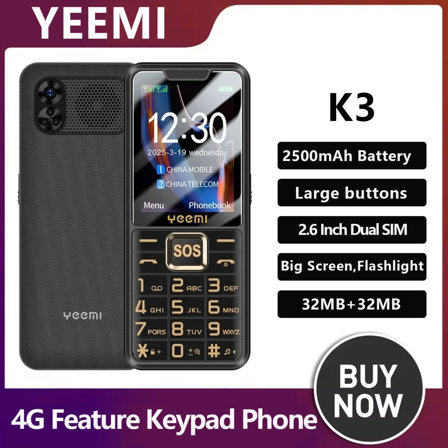 UNIWA YEEMI K3 4G Feature Keypad Phone 2.6Inch Dual SIM Card Long Standby Flashlight Camera FM SOS Big Button Button Phone