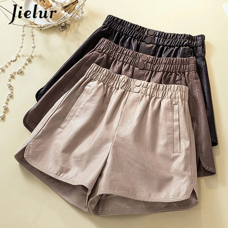 

Summer PU Leather Shorts Women M-4XL Size Outer Casual Leather Shorts Female Korean Fashion Loose Wide Leg Side Split Shorts