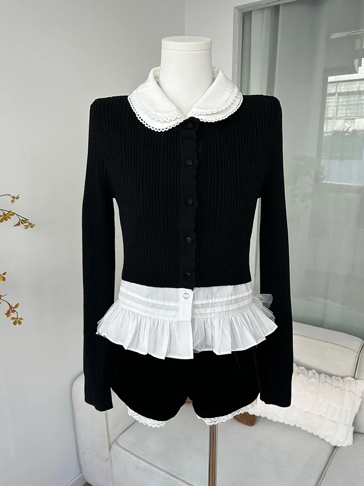 Blaレーストリム刺繍ドールカラーロングスリーブ女性用ファッションセットツーピーススーツ秋2025新作スレエレ