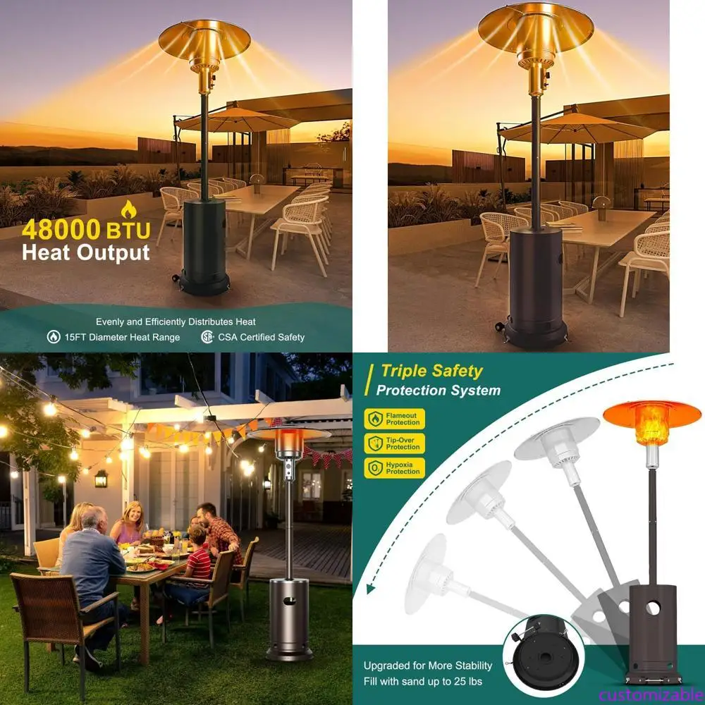 

Stainless Steel Propane Patio Heater with Wheels and Round Table, 48,000 BTU Outdoor Heating Unit featuring Tip-Over Protection