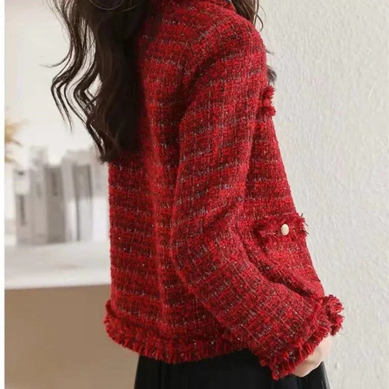 2025 New Autumn Jacket French High end Temperament Red Fragrant Coat Women Short Thick Tweed Outwear Female Cropped Jacket Tops