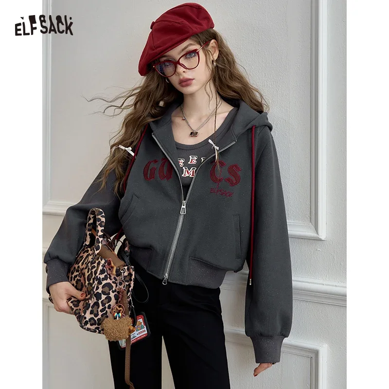 ELFSACK Women's Cropped Zip-Up Hooded Jacket with Embroidery, Casual Long Sleeve Outerwear for Everyday Wear