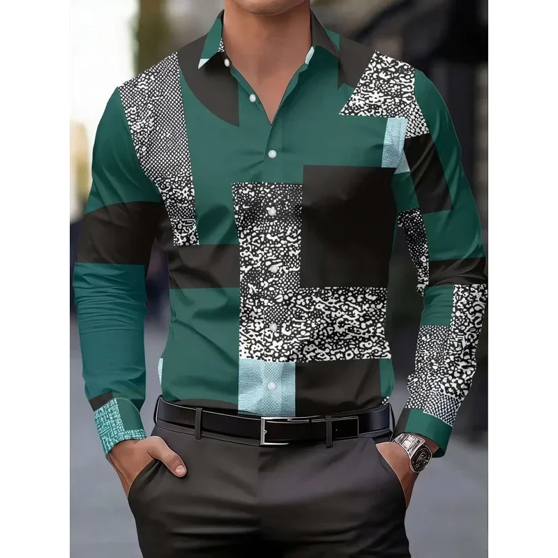 New red and white color blocked coffee cup printed men's long sleeved shirt, simple and personalized casual shirt