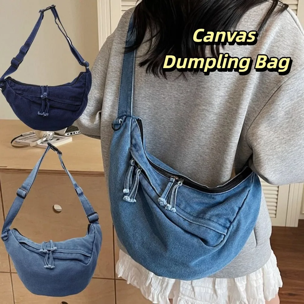 

Leisure American Style Canvas Dumpling Bag Adjustable Strap Harajuku Casual Tote Bag Retro Zipper Underarm Bag Women