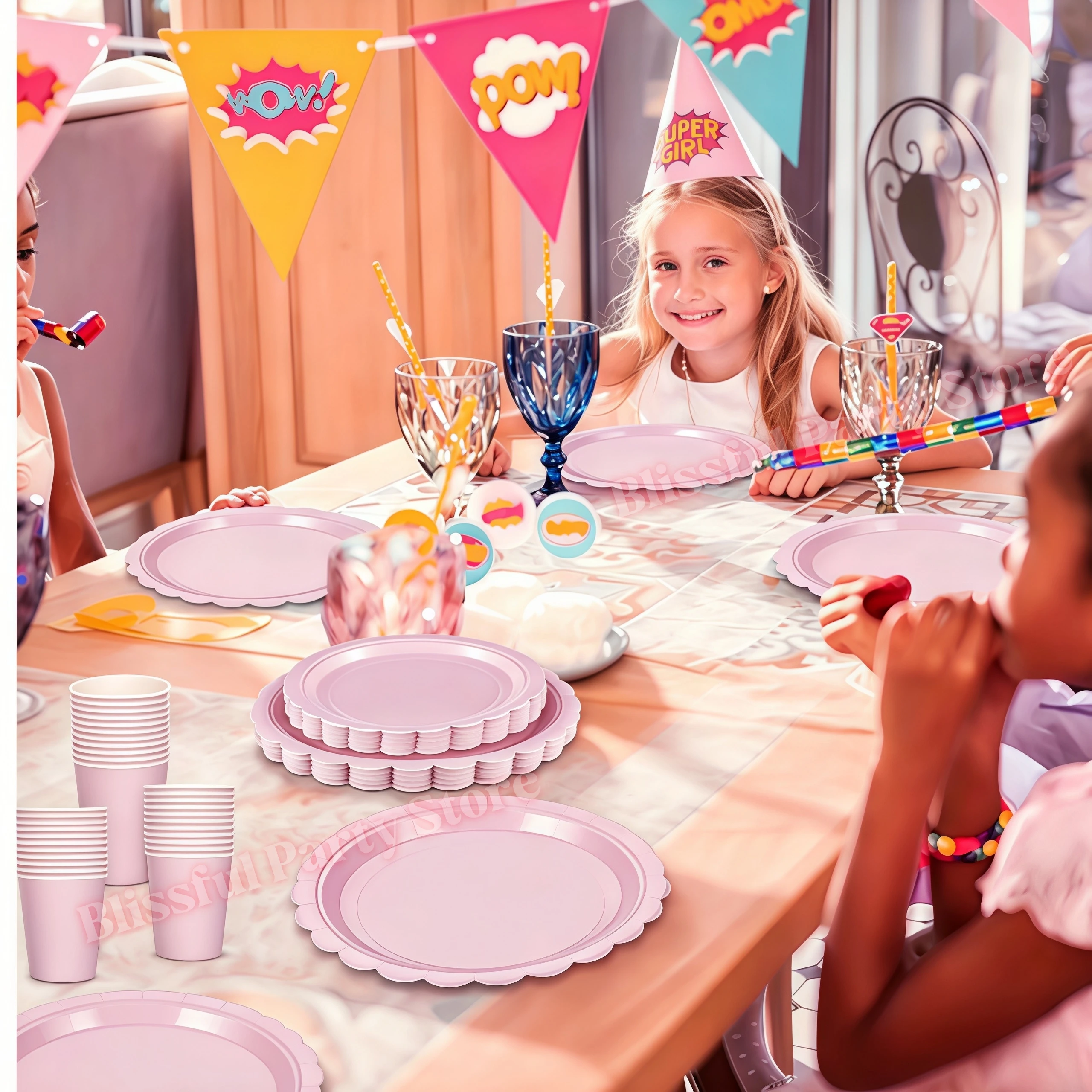 Rosa Partyzubehör Geschirrset Einfarbig Hellrosa Pappteller Becher Servietten für Mädchen Gastgeschenke Babyparty Hochzeitsdekoration – Detail 3