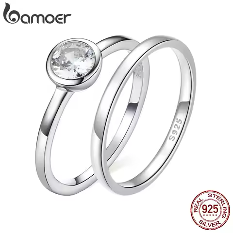 BAMOER 925 Sterling Silver Clear CZ Finger Ring Minimalist Women Engagement Wedding Basic Band Ring SCR535