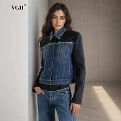 VGH Colorblack Patchwork Denim Jackets For Women Lapel Long Sleeve Spliced Button Minimalist Slimming Short Coats Female Style