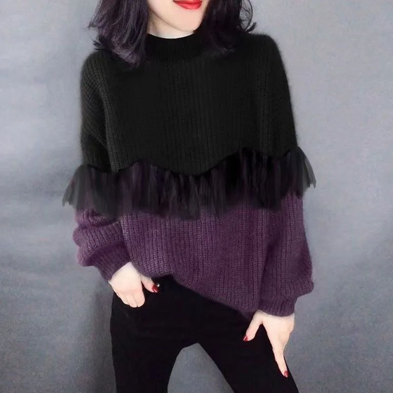 New Spring Fashion Splice Color Matching High Grade Round Neck Loose Large Versatile Western Style Slim Long Sleeve Sweater