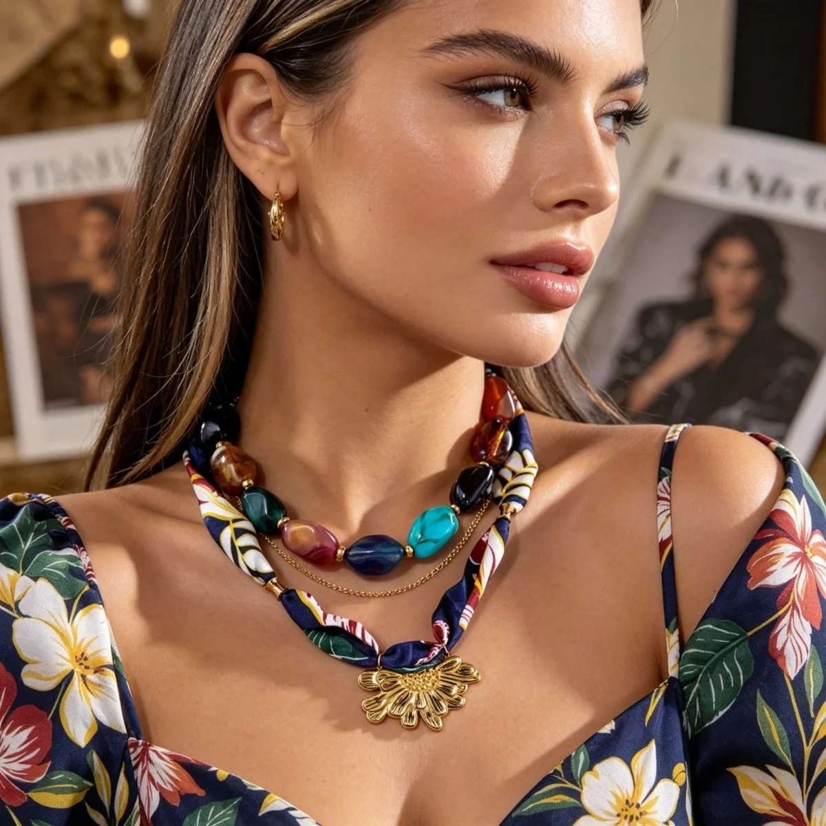 Botanisch bedruckter marineblauer Schal, Edelstahl-Halskette mit geprägten Blumen für Damen, unregelmäßiger Acryl-Perlen-Choker-Schmuck – Detail 14