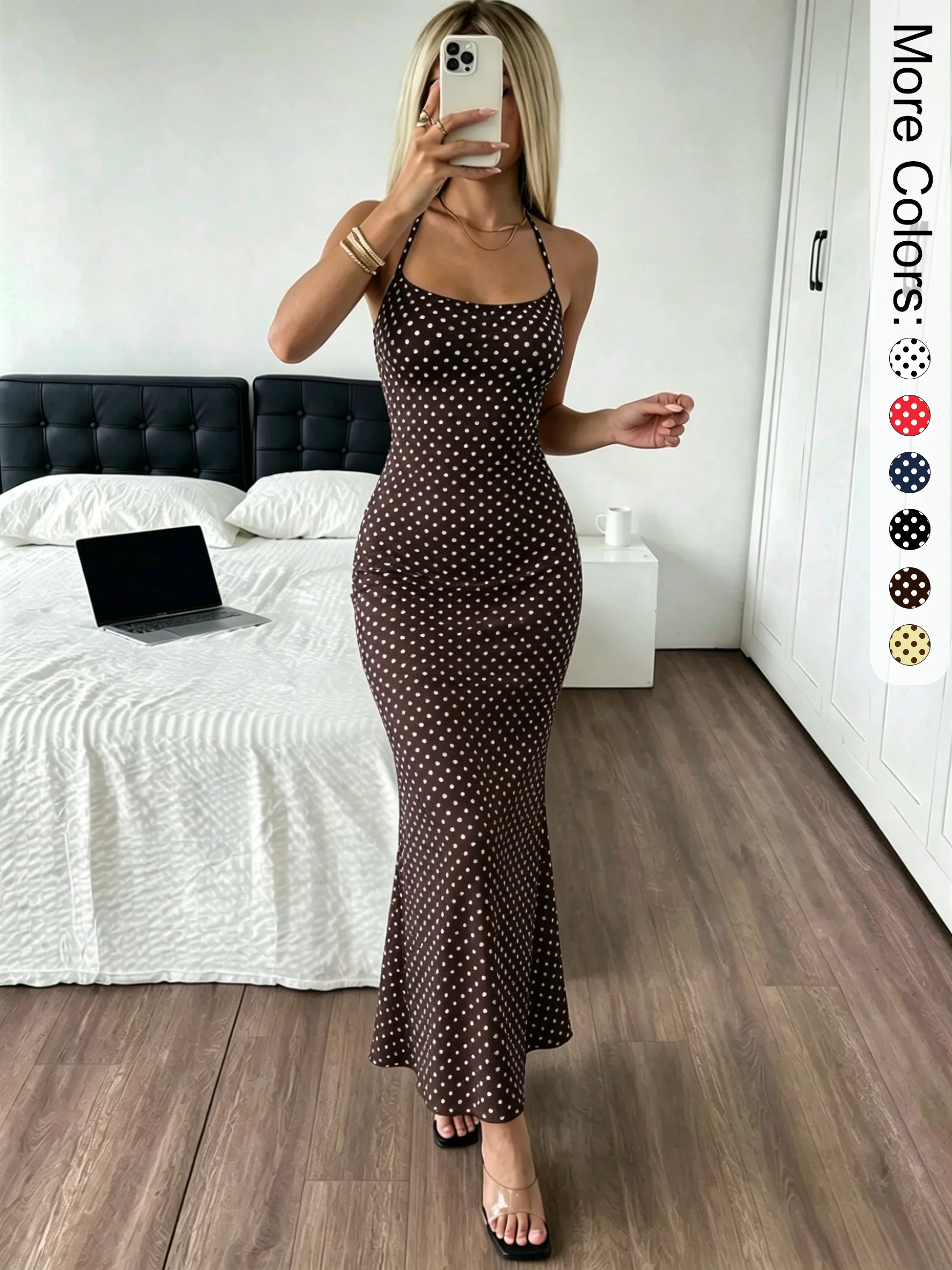 Damen Polka Dot Neckholder-Midikleid, schmal geschnitten, figurbetont, ausgestellter Saum, dehnbar, Y2K-Party- und Urlaubskleid, lässiges Slip-Kleid für Damen – Detail 1