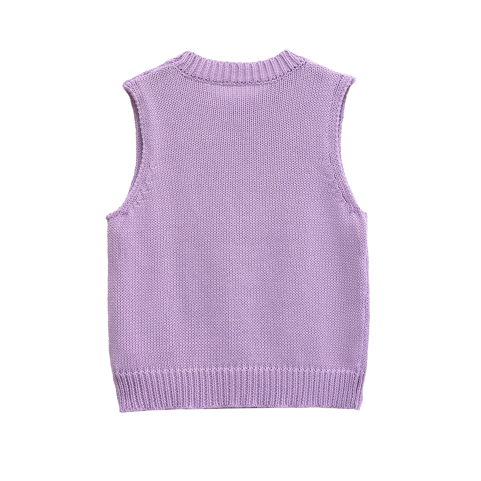 TRAF Autumn Women Light Purple Knit Vest O Neck Sleeveless Sweater Casual Pullover Jumper 1245475001