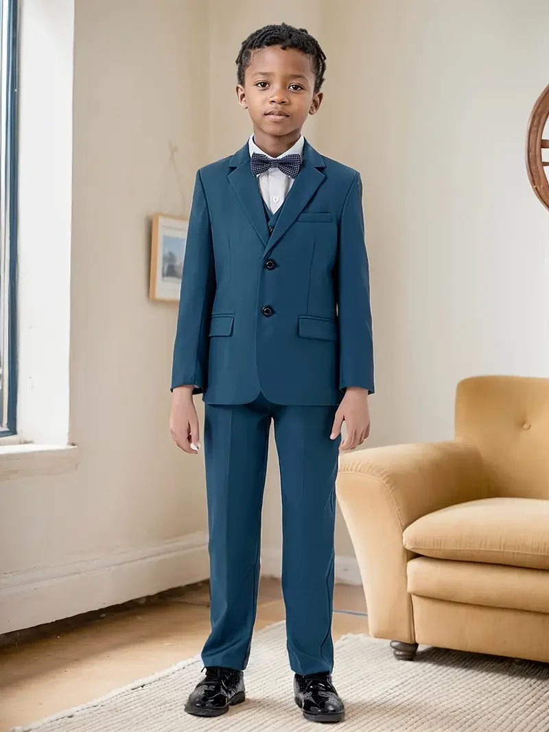 Boys Formal Blue Jacket Vest Pants Bowtie 4pcs Wedding Outfit Suit Boys Host Piano Performance Costome Kids Birthday Blazer Set