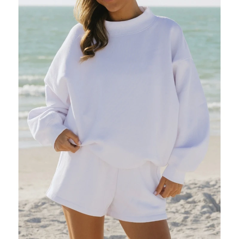 

Women's Casual Solid Color Outfits Set Ribbed Crew Neck Long Sleeve Sweatshirt with Drawstring Waist Wide Leg Shorts Tracksuit