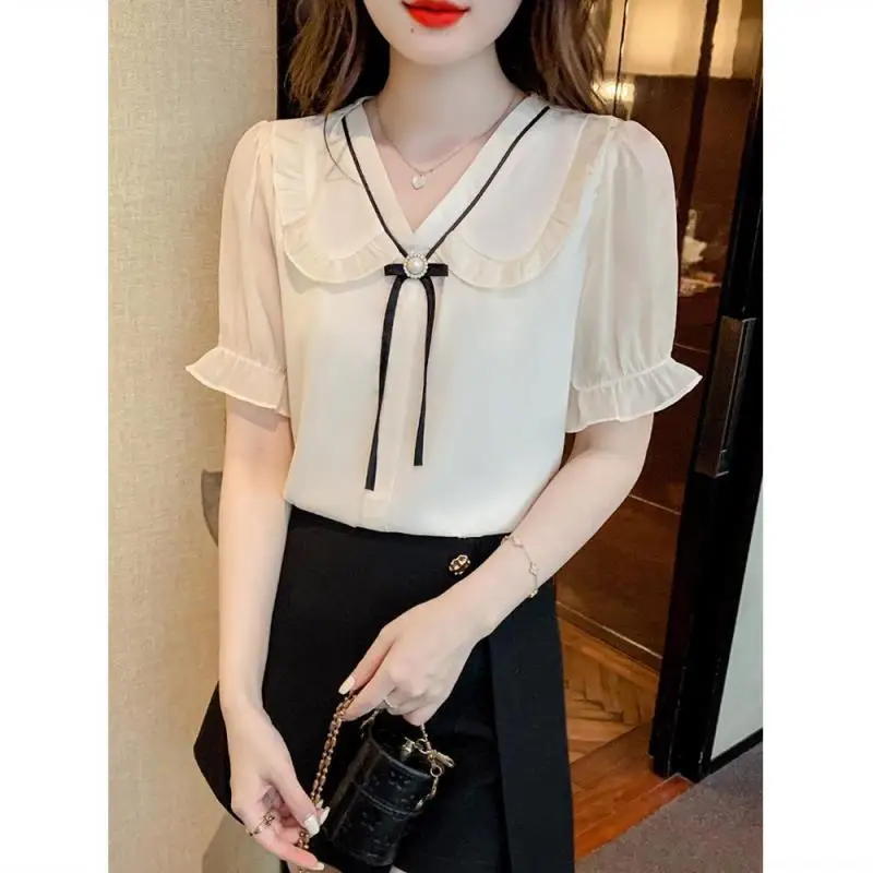 2024 New Summer Elegant Fashion Korean Style Retro Loose Casual Women\'s Shirt Irregular V Neck Short Sleeve Chiffon Chic Tops