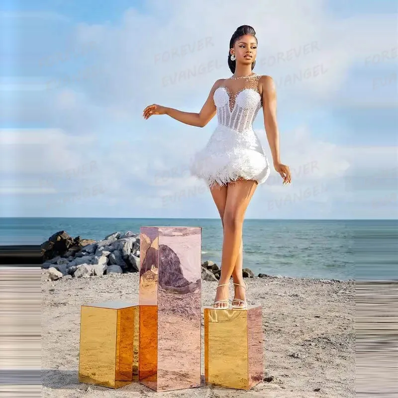 Luxury Beads Feather Wedding Dresses Woman Short Bridal Gowns Sweetheart Beach Party Vestidos De Novia Customized Robe De Mariée