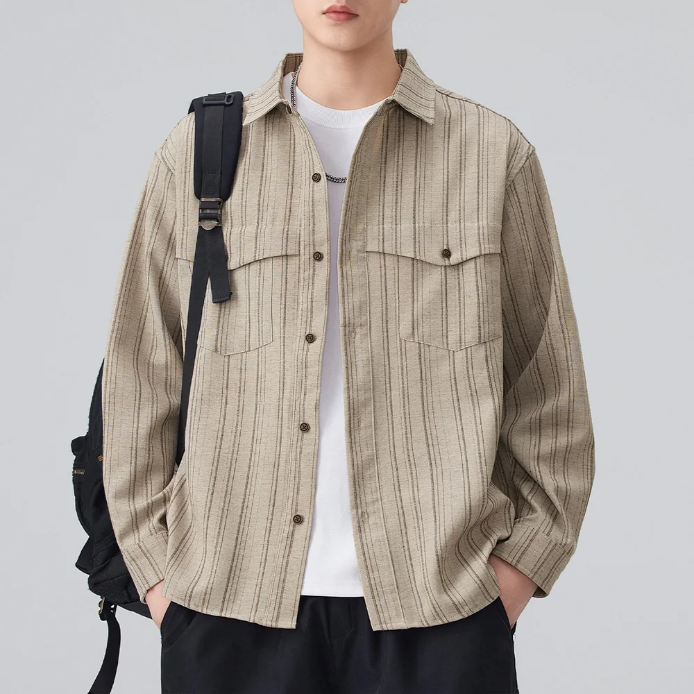 Vintage Stripe Shirt Men Casual Loose Long Sleeve Plus Size Cardigan Shirt Male Streetwear Cargo Shirts Coat Tops