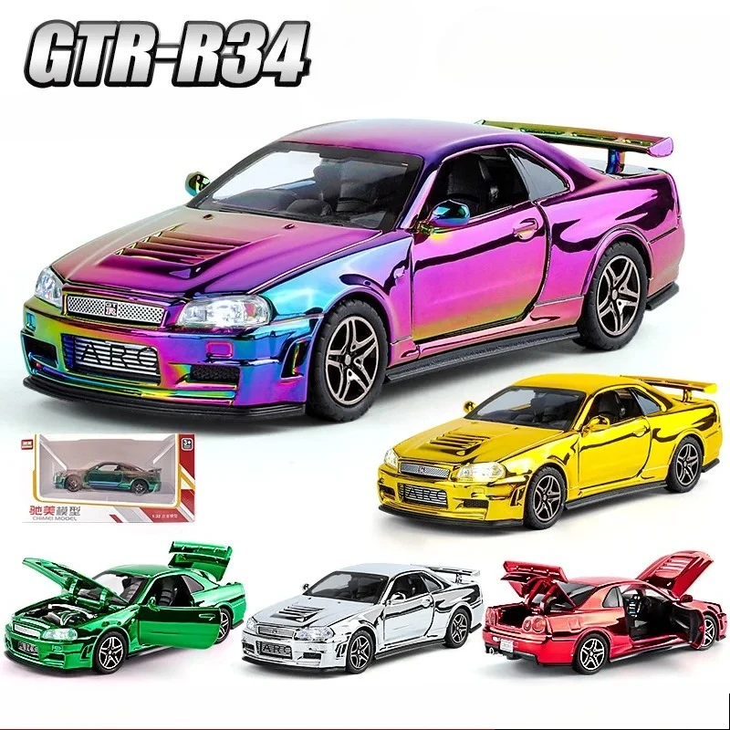 1: 32 War God GTR-R34 modelo de coche deportivo galvanizado colorido horizonte niño coche de juguete regalo colección avanzada modelos de coches de adorno