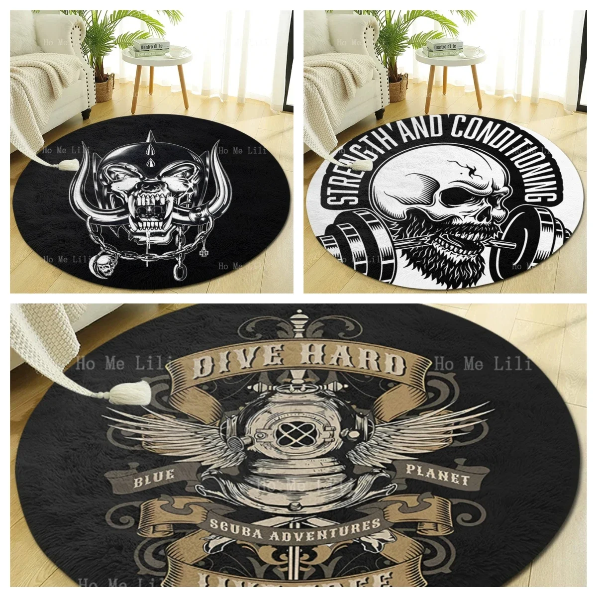 Floor Round Carpet Room Decoration Weightlifting Skeleton Horn Tooth Head Scarab Motorbike Halloween Skull