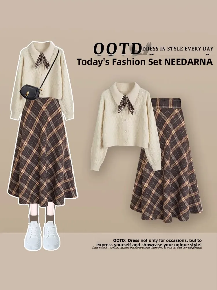 Automne grande taille femmes Yadan Sle tricoté Dr ensemble avec pull jupe à carreaux t-shirt pièce costume décontracté taille haute a-li...
