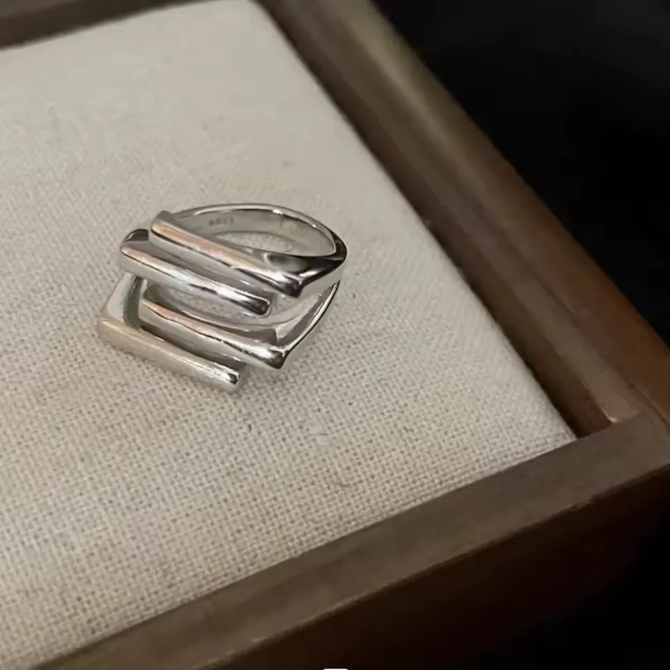 Sam Panda 925 Sterling Rings for Women Simple Geometric Handmade Irregular Retro Ring Gold Zircon Allergy For Birthday Gift