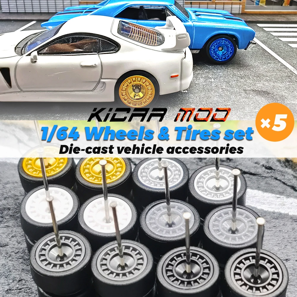 1/64 Wheels with Detachable Slick Rubber Tires Disc-shaped Spoke for Toy Model Cars Refiting Parts for MINIGT (5 Sets)