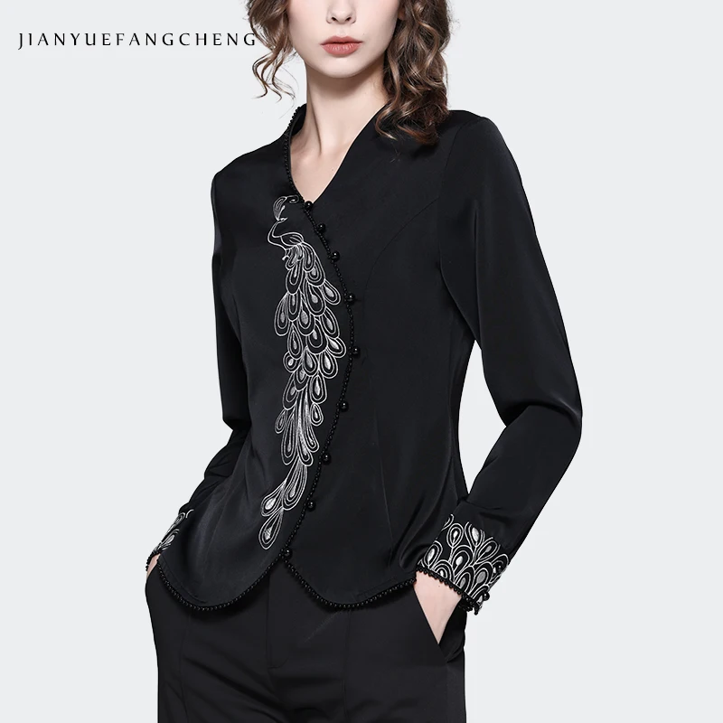 Fashion Peacock Embroidery Women Irregular Shirt 2023 Autumn Long Sleeve V-Neck Ladies Top Beaded Elegant Slim Casual Shirts