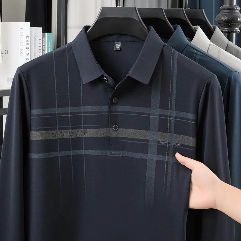 

Новая тонкая мужская рубашка поло из ледяного шелка с длинным рукавом, полосатый воротник, футболка для отца, мужская осенняя нижняя футболка