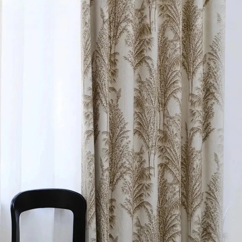 Vintage Art Linen Plant Jacquard Green Curtains for Living Room Bedroom Custom French Window Balcony Finished Product