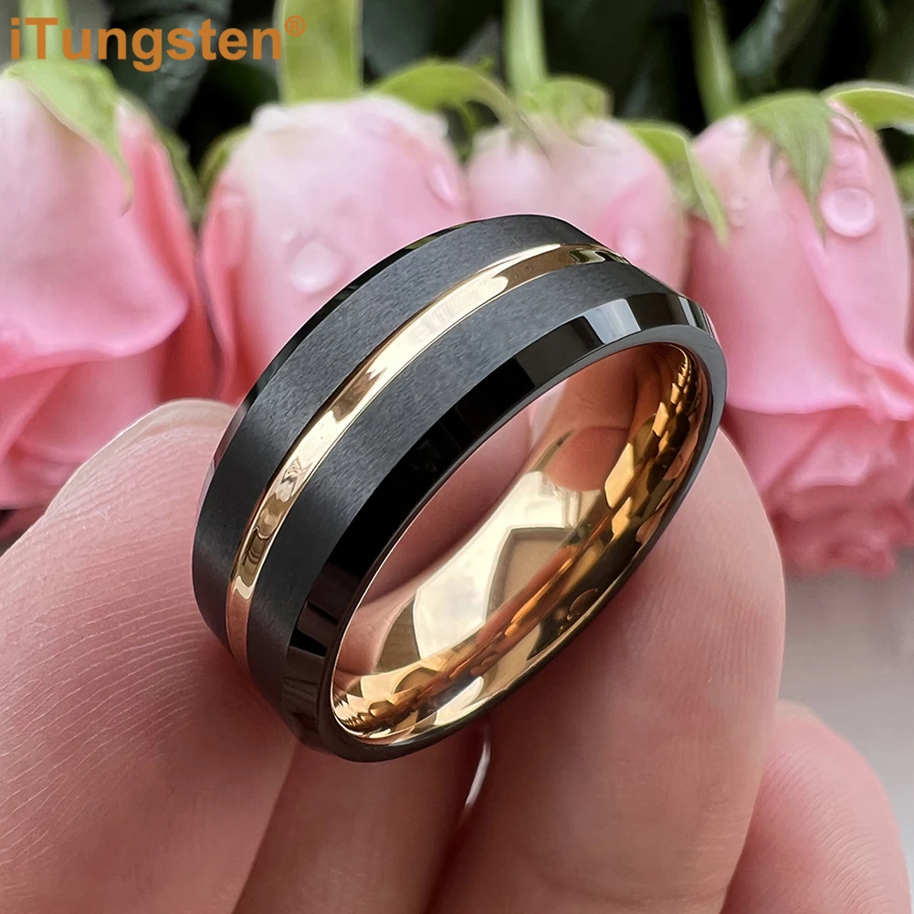 iTungsten 8mm Dropshipping Men Women Wedding Band Tungsten Carbide Ring Black Rose Color Center Groove Satin Finish Comfort Fit