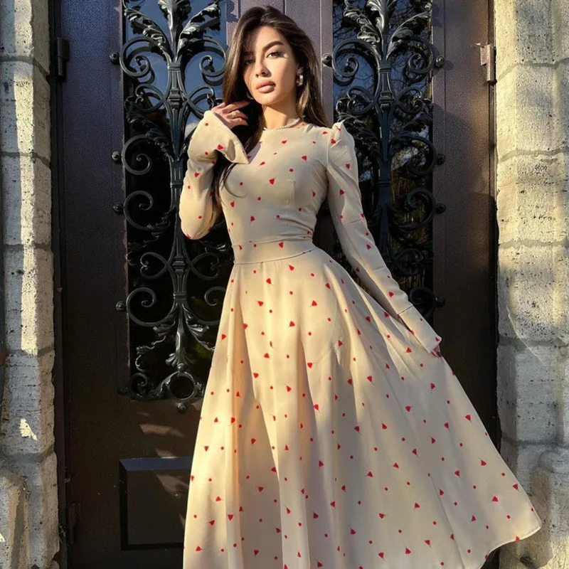 

2024 Autumn New Fashionable Slimming Printed Women's Dress with Collar Long Sleeve and Ankle Elegant and Classic High Waist