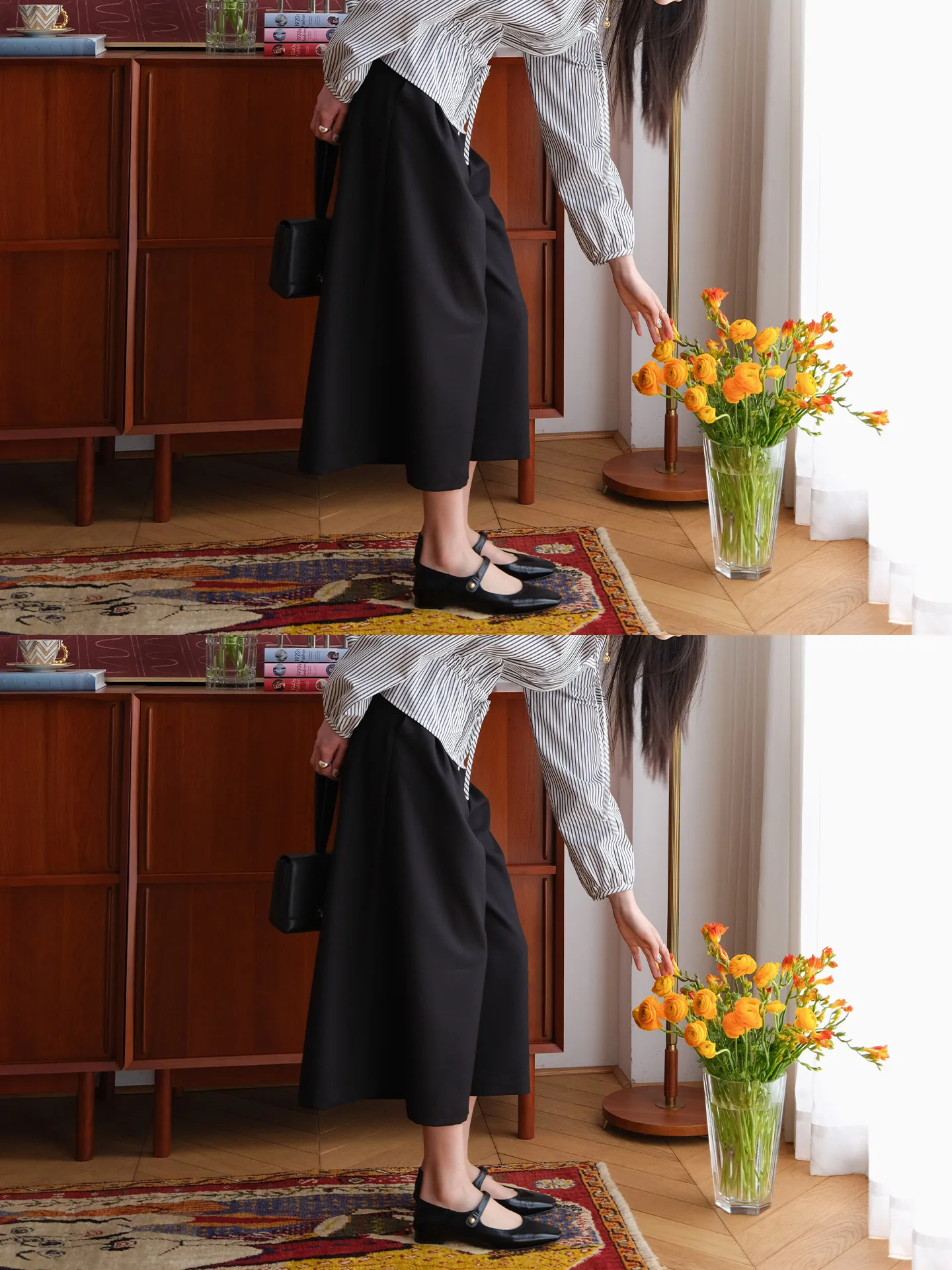 

Cool Anti-Wrinkle Black Wide Leg Pants Women's Casual Trousers Summer New Style High Waist Elastic Waistband Casual Pants