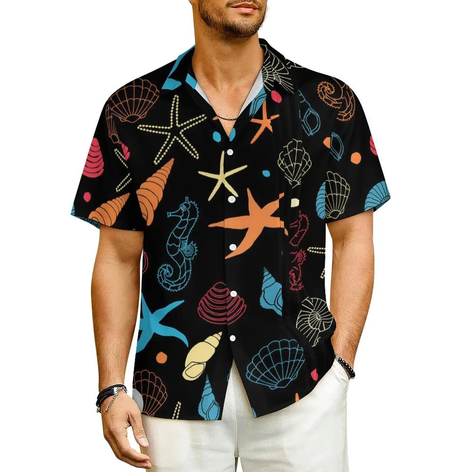 

Hawaiian Shirt Beach Starfish Shells Blouses Modern Seahorse Novelty Casual Shirts Man Short-Sleeve Streetwear Oversized Top