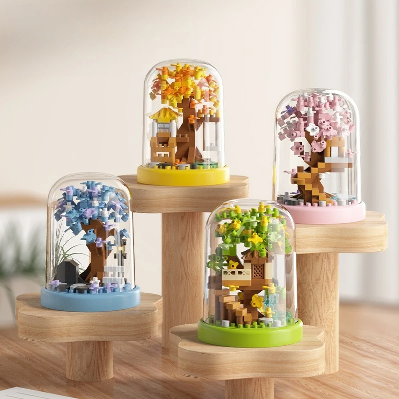 

Новые хит продаж, четыре сезона, дерево, дом, вид на улицу, строительные блоки, креативный вечный цветочный горшок, посадка, строительные блоки, подарки