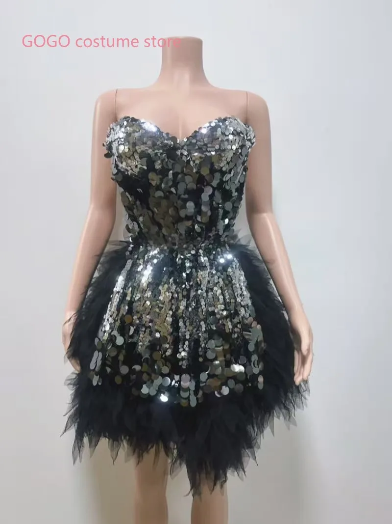 Vestido negro Sexy con purpurina, lentejuelas, espalda descubierta, diamantes de imitación, fiesta de cumpleaños, club nocturno, DJ DS, baile en barra, puesta en escena, traje de festival