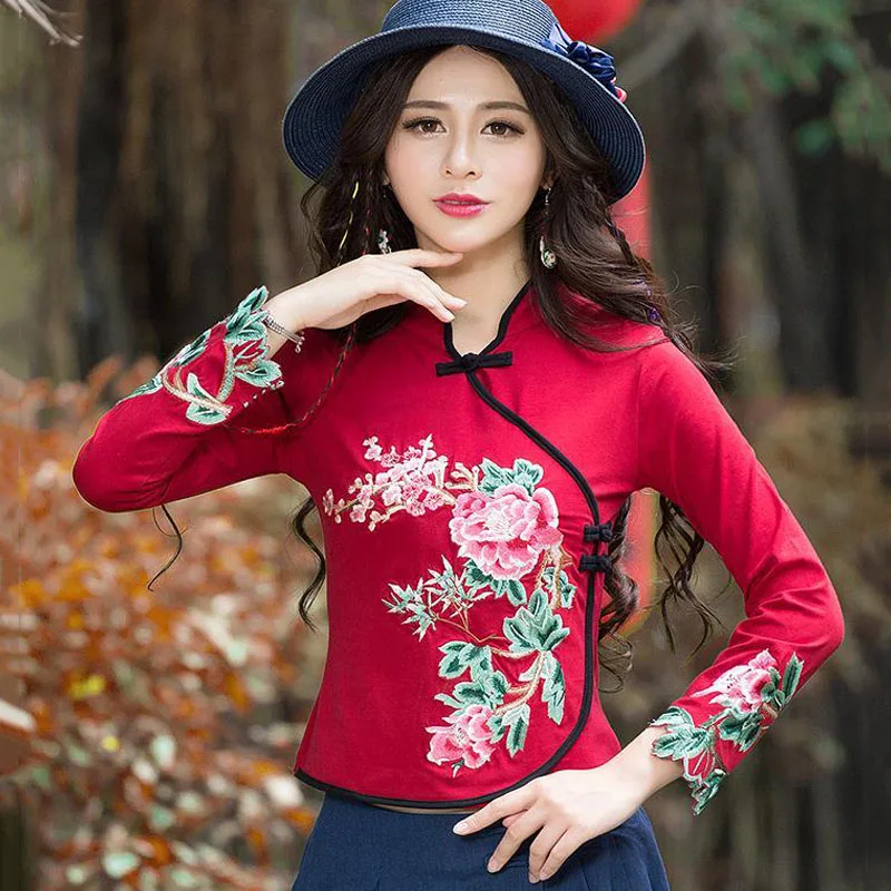 Cheongsam Womens Plus Size Short Tops 2024 Autumn Cotton Blend Splicing Embroidery Stand Collar Chinese Style Qipao Shirts Woman