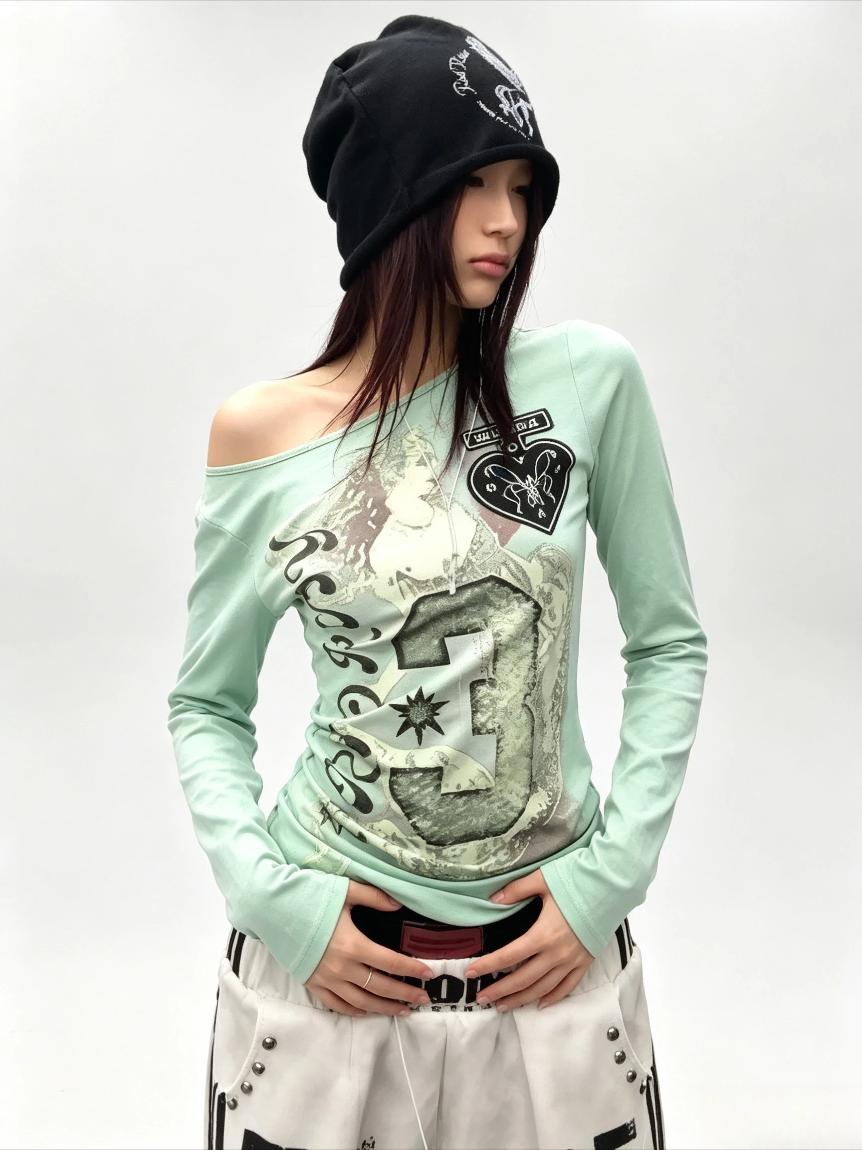 Mint Green Off Shoulder Long Sleeve Top Mermaid Figure Gothic Letter Print Slim Fit Irregular Neck Casual Fashion Tee