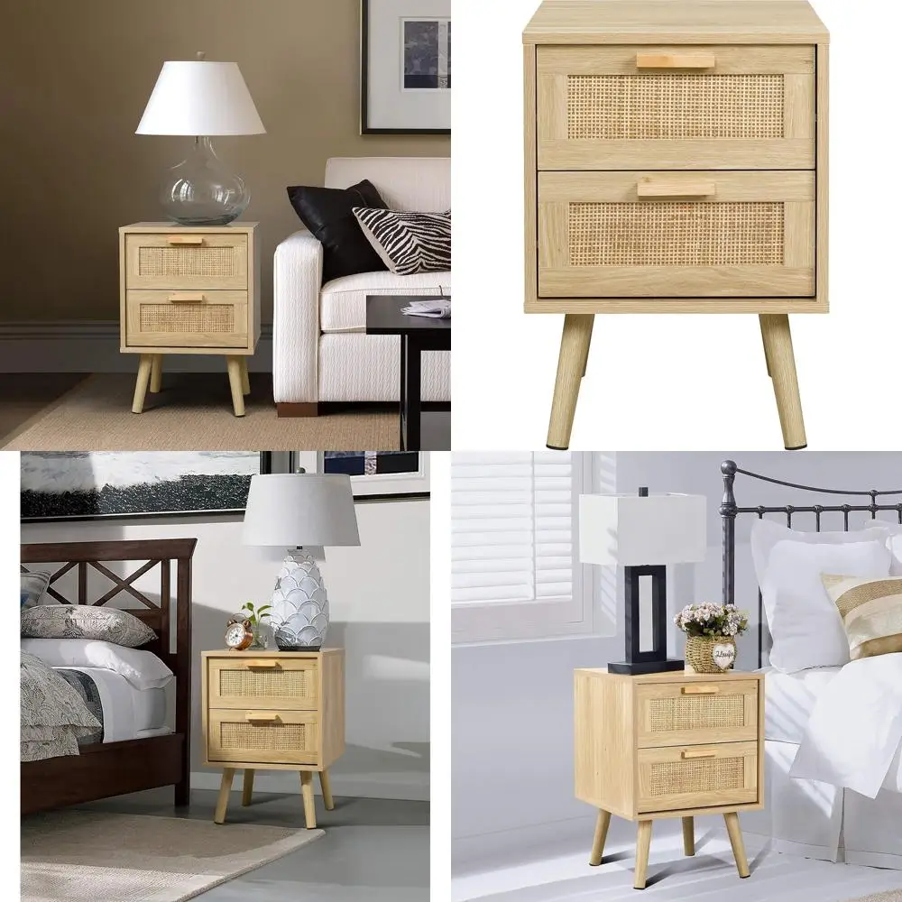 

Rattan Drawers Accent Table for Bedroom Storage, Natural Wood Nightstand with Handcrafted Decor