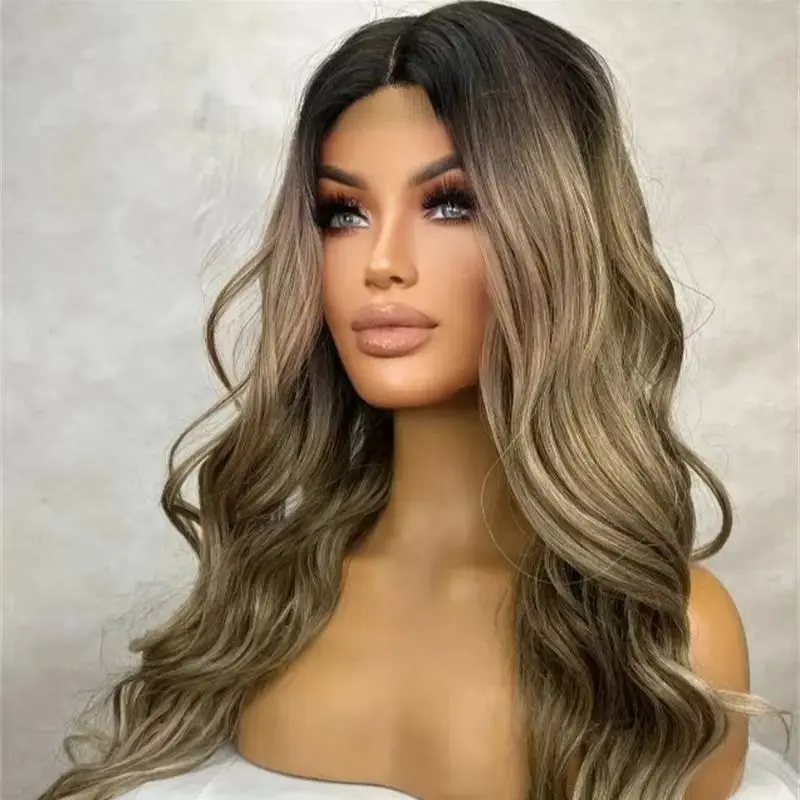 

28'' Long Soft Women's Wig Free Part Ombre Brown Blonde Balayage HD Lace Front Wig Synthetic Swiss HD Transparent Lace Front Wig